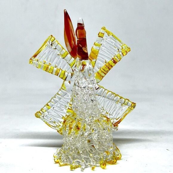 VINTAGE GLASS ART WINDMILL THAT SPINS 2.75” Clear and Yellow Glass CHARMING - Picture 4 of 5